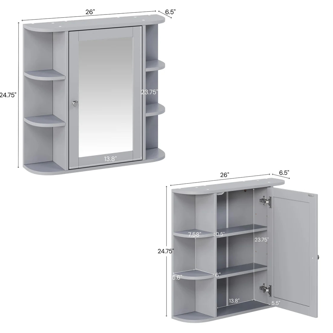 Bathroom Wall Storage Cabinet With Mirror, Medicine Cabinet With Adjustable Wood Shelf & Doors, Mounted Storage Cabinets With 6 Open Shelves, Gray