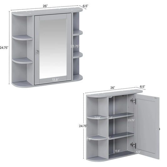 Bathroom Wall Storage Cabinet With Mirror, Medicine Cabinet With Adjustable Wood Shelf & Doors, Mounted Storage Cabinets With 6 Open Shelves, Gray