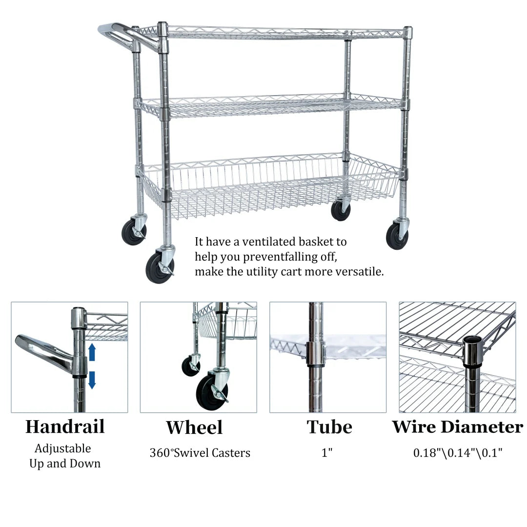 Heavy Duty Rolling Utility Cart,3 Tier Rolling Carts With Wheels,with Handle Bar Shelf Liners,36X18X32 Storage Cart For Kitchen,Restaurant,Plant Display,Chrome