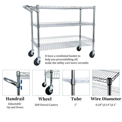 Heavy Duty Rolling Utility Cart,3 Tier Rolling Carts With Wheels,with Handle Bar Shelf Liners,36X18X32 Storage Cart For Kitchen,Restaurant,Plant Display,Chrome