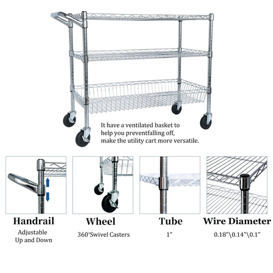 Heavy Duty Rolling Utility Cart,3 Tier Rolling Carts With Wheels,with Handle Bar Shelf Liners,36X18X32 Storage Cart For Kitchen,Restaurant,Plant Display,Chrome