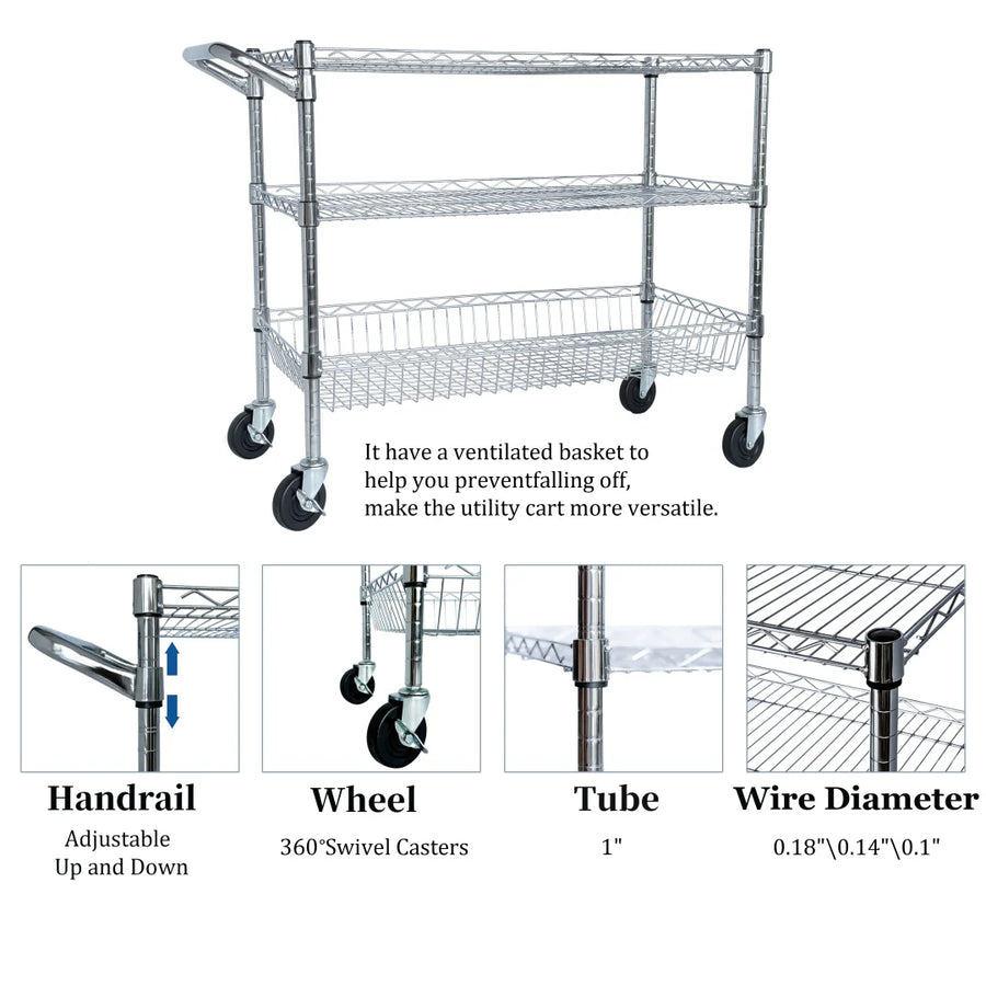 Heavy Duty Rolling Utility Cart,3 Tier Rolling Carts With Wheels,with Handle Bar Shelf Liners,36X18X32 Storage Cart For Kitchen,Restaurant,Plant Display,Chrome