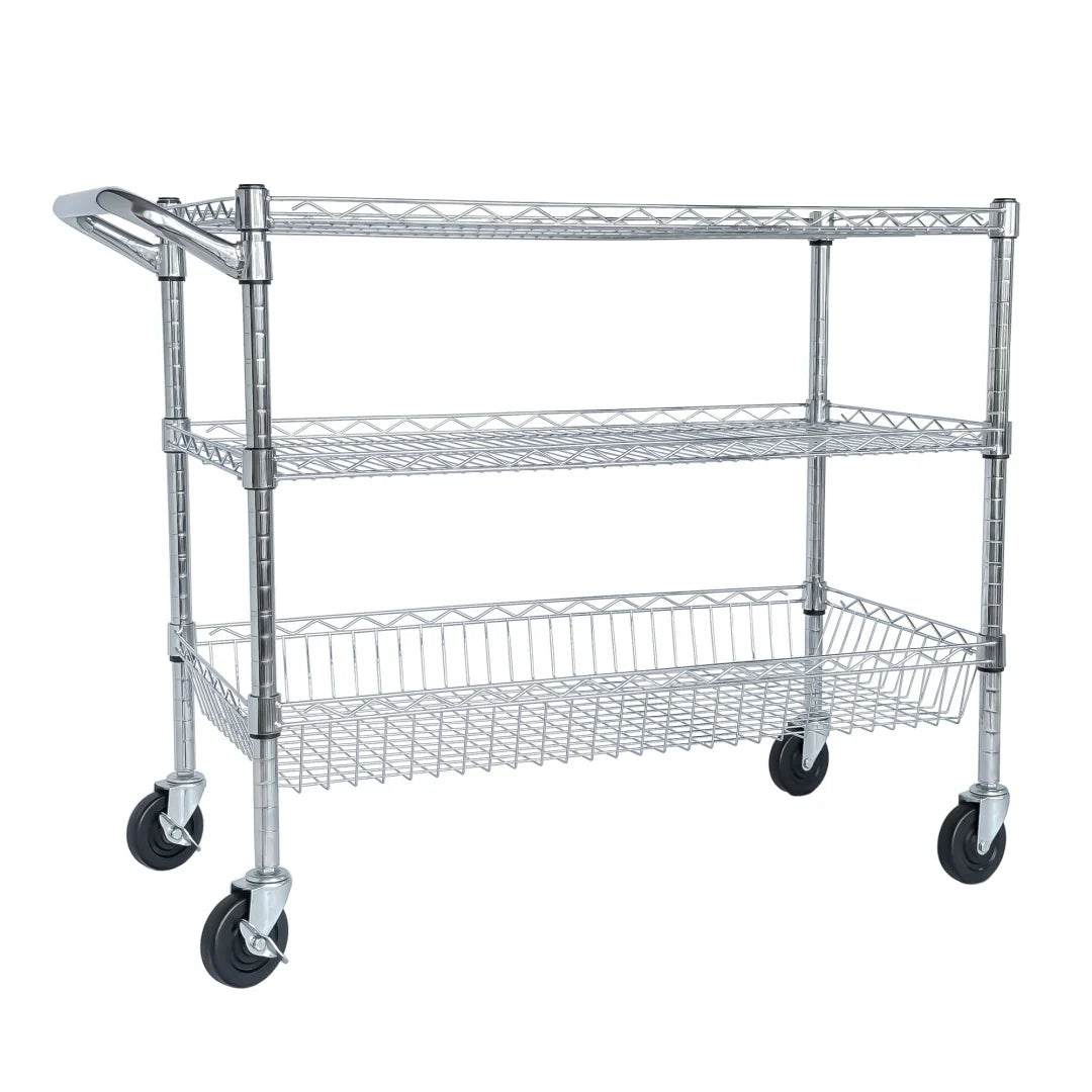 Heavy Duty Rolling Utility Cart,3 Tier Rolling Carts With Wheels,with Handle Bar Shelf Liners,36X18X32 Storage Cart For Kitchen,Restaurant,Plant Display,Chrome