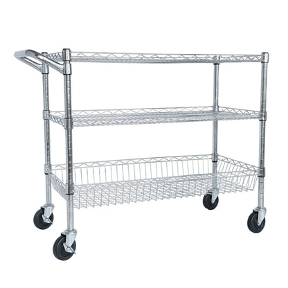 Heavy Duty Rolling Utility Cart,3 Tier Rolling Carts With Wheels,with Handle Bar Shelf Liners,36X18X32 Storage Cart For Kitchen,Restaurant,Plant Display,Chrome