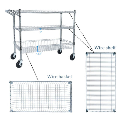 Heavy Duty Rolling Utility Cart,3 Tier Rolling Carts With Wheels,with Handle Bar Shelf Liners,36X18X32 Storage Cart For Kitchen,Restaurant,Plant Display,Chrome