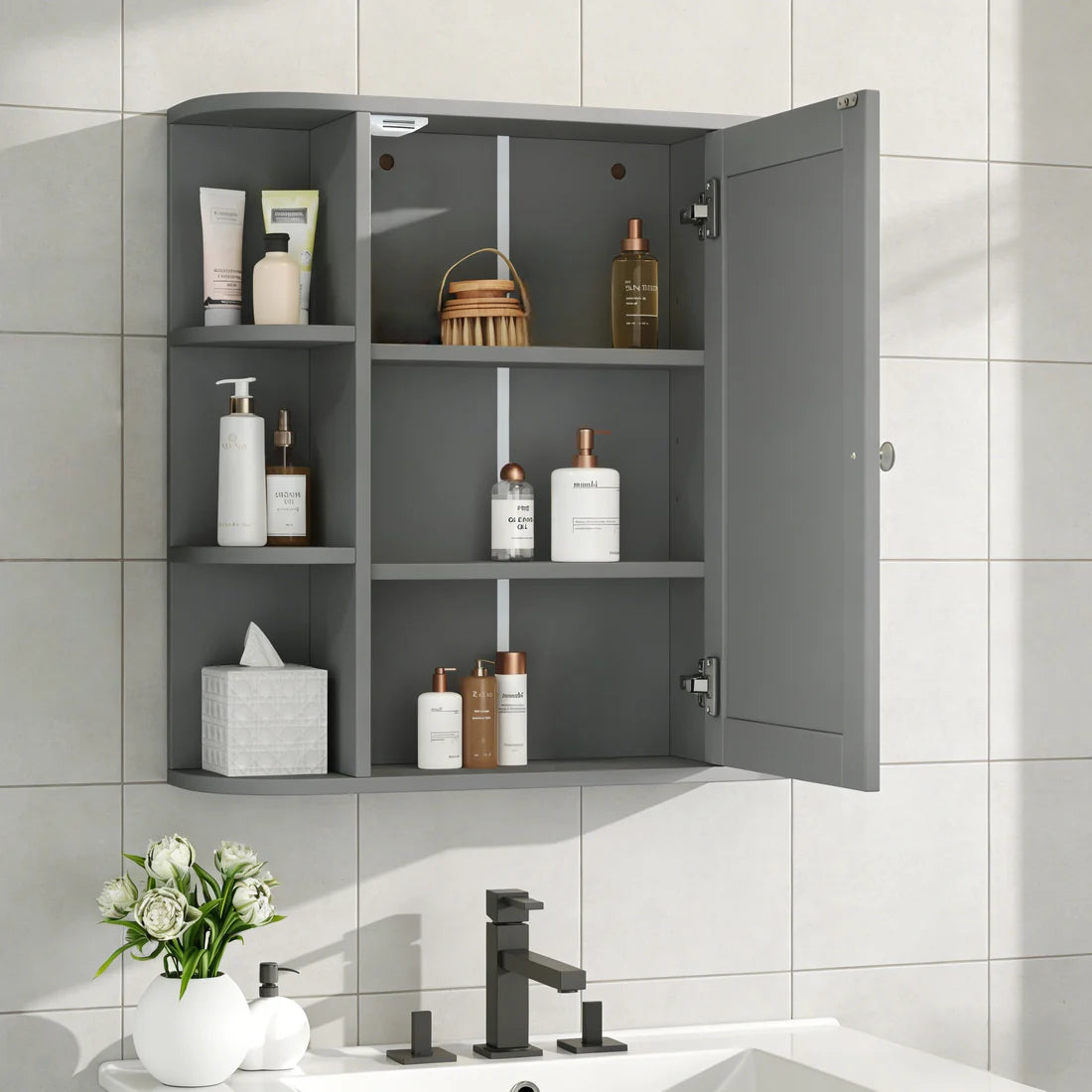Bathroom Wall Storage Cabinet With Mirror, Medicine Cabinet With Adjustable Wood Shelf & Doors, Mounted Storage Cabinets With 6 Open Shelves, Gray