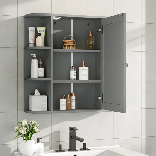 Bathroom Wall Storage Cabinet With Mirror, Medicine Cabinet With Adjustable Wood Shelf & Doors, Mounted Storage Cabinets With 6 Open Shelves, Gray