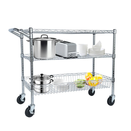 Heavy Duty Rolling Utility Cart,3 Tier Rolling Carts With Wheels,with Handle Bar Shelf Liners,36X18X32 Storage Cart For Kitchen,Restaurant,Plant Display,Chrome
